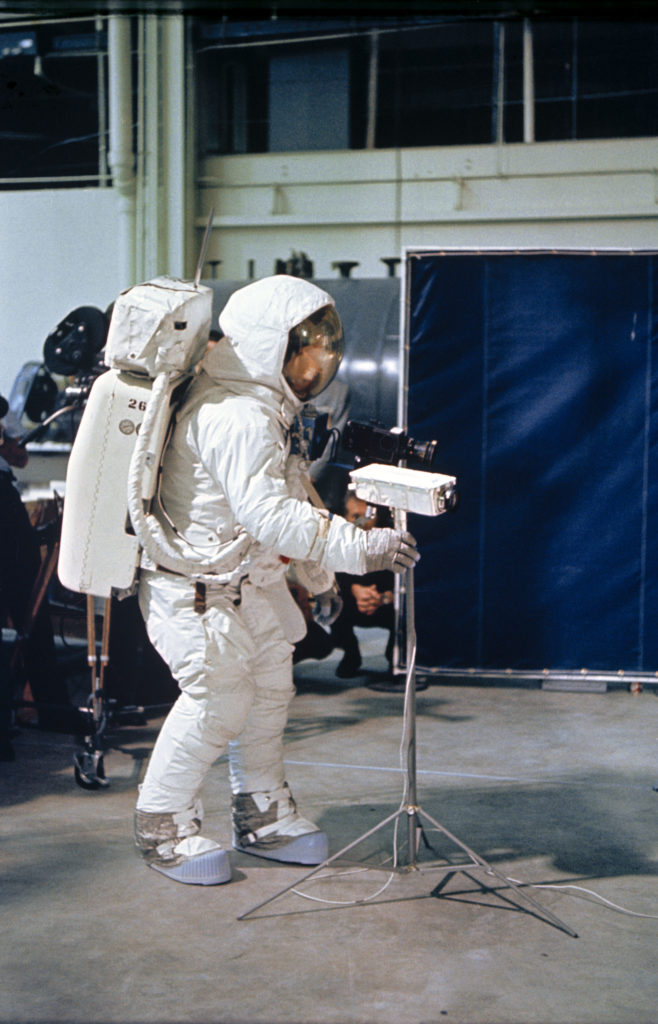 Neil Armstrong practises using the specially built Apollo 11 TV camera before the mission. 